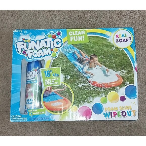Funatic Foam Water Slide Wipeout 16ft Built In Sprinklers Real Soap - Picture 1 of 2